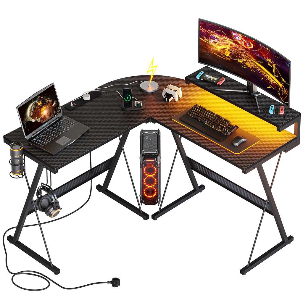Gaming Desk Computer corner Desk, LED Lights Monitor Stand 130cm, Carbon Fiber Black (black £49.99) - w/Voucher, Sold By Bestier Home EU FBA